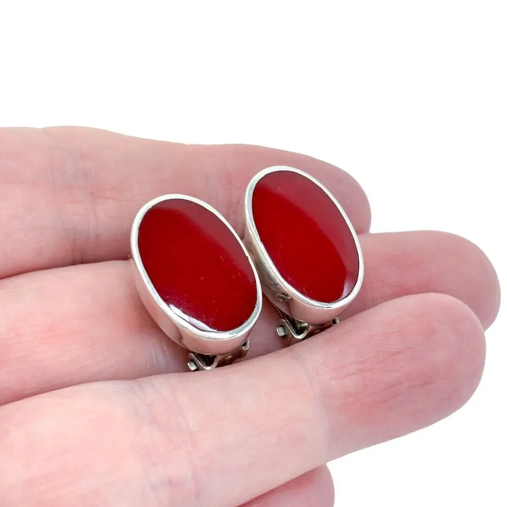 Vintage Mexico Sterling Silver 925 Red Glass Clip-On Earrings